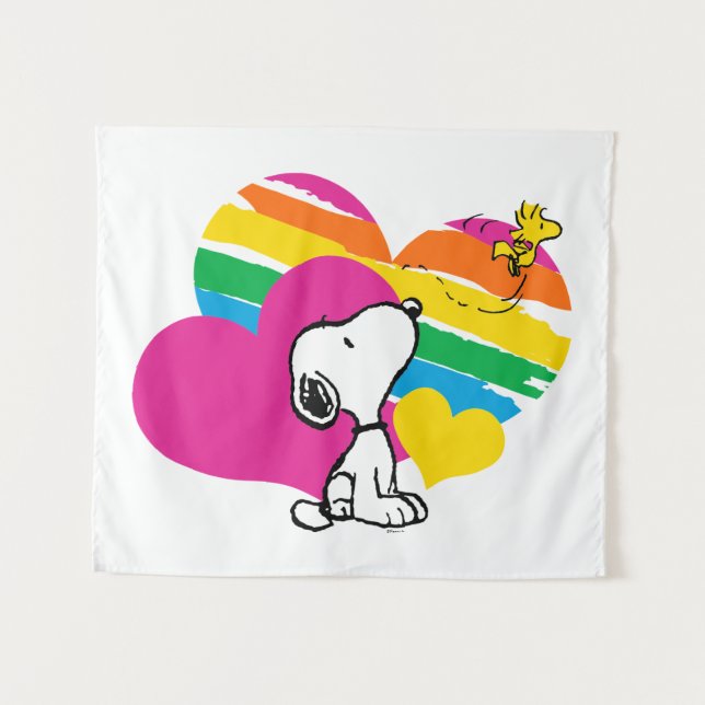Tapete De Parede Snoopy e Woodstock | Corações Arco-Íris (Frente (Horizontal))