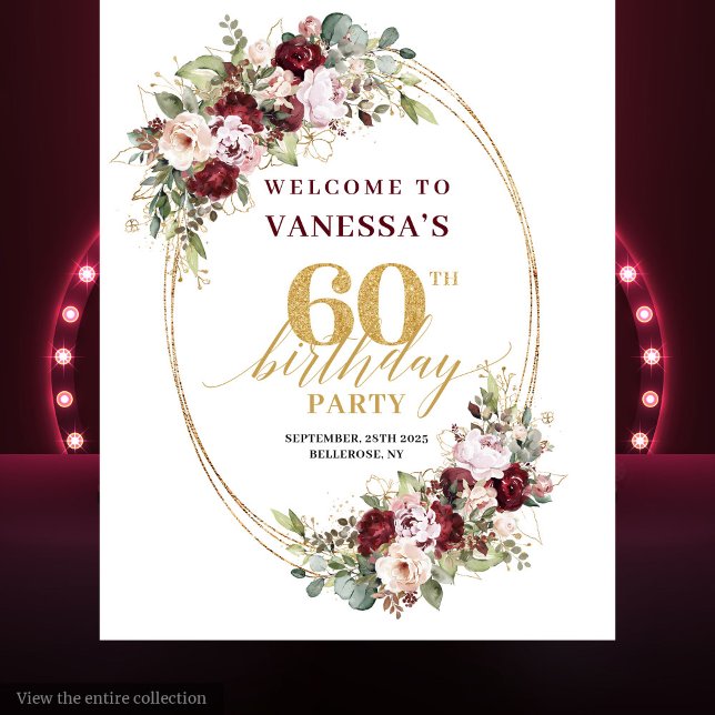 Tapete De Parede Sofisticado Boho Burgundy Dourado 60º Aniversário  (Sophisticated Boho Burgundy Gold 60th Birthday Backdrop)