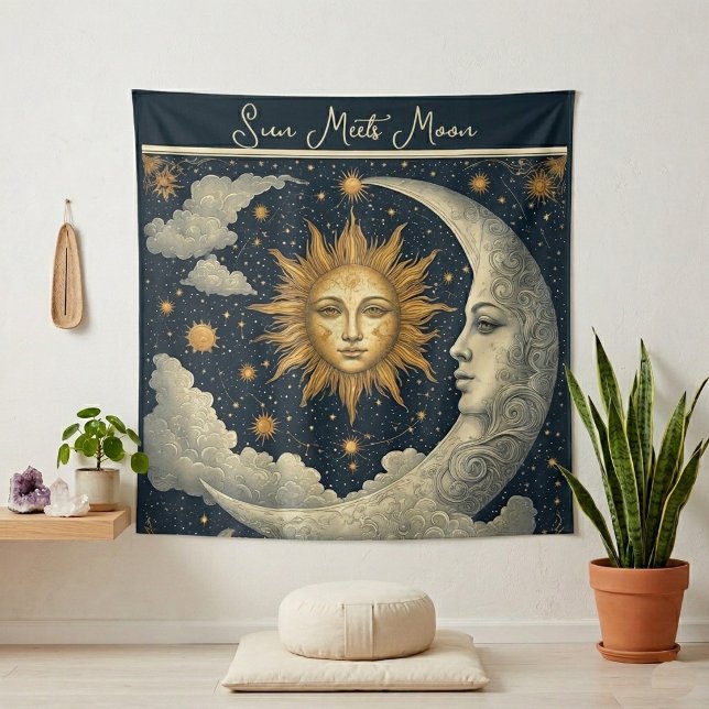 Tapete De Parede Sol Celestial Encontra Zodíaco da Lua Cosmos Espir (Celestial Sun Meets Moon Zodiac Spiritual Cosmos Tapestry)