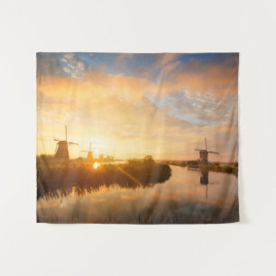Tapete De Parede Sol sobre moinhos de vento e um rio na Holanda