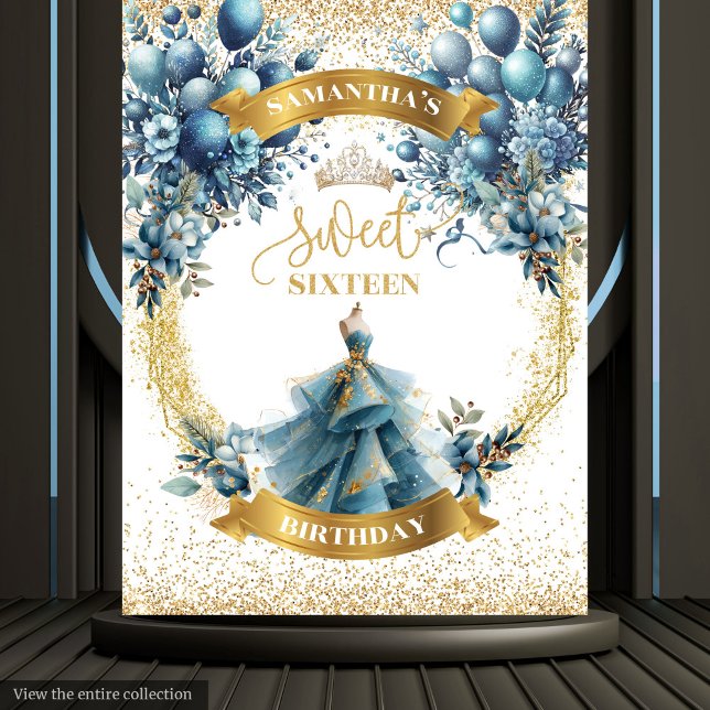 Tapete De Parede Sparkle Blue § Doce Dourado Seis Banneр de Anivers (Sparkle Blue § Gold Sweet Sixteen Birthday Banneр Tapestry)