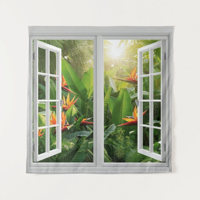 Tapete De Parede Square White Window with Tropical Scenic View (Frente)