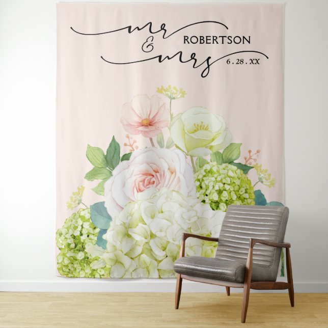 Tapete De Parede Sr. e Sra. Wedding Backdrop Floral Banner Rosa (In Situ)