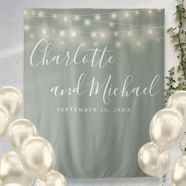 Tapete De Parede String Lights Sage Green Wedding Foto Backdrop (String Lights Sage Green Wedding Photo Backdrop)