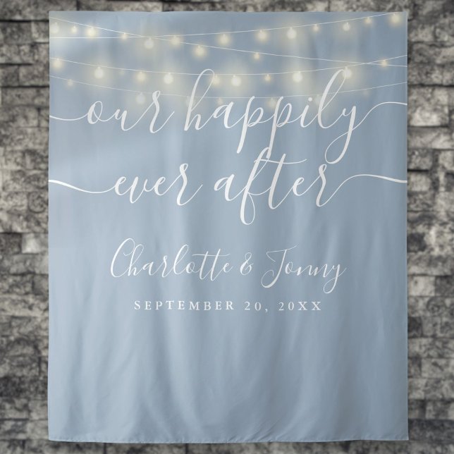 Tapete De Parede String Luz Azul Dusty Foto De Casamento (String Lights Dusty Blue Wedding Photo Backdrop)