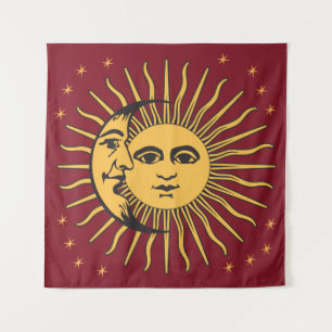 Tapete De Parede Sun e Moon Face Bohemian Dourado e vermelho
