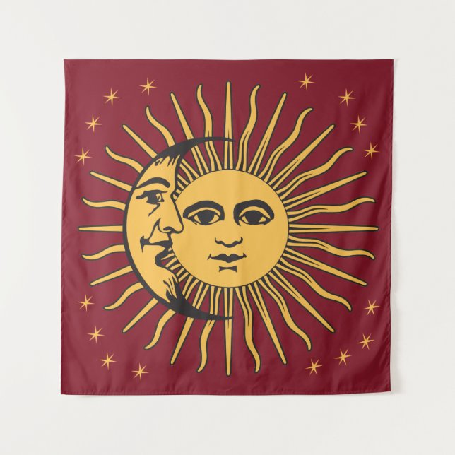 Tapete De Parede Sun e Moon Face Bohemian Dourado e vermelho (Frente)