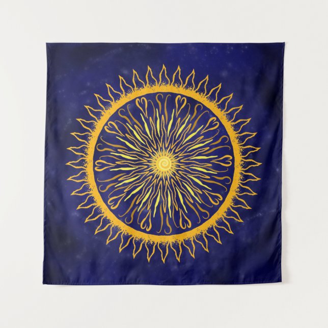 Tapete De Parede Sun Mandala Dourado Laranja no Azul Celestial (Frente)