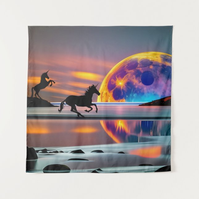 Tapete De Parede Sunset Roxo, unicórnios, Lua Cheia na praia (Frente)