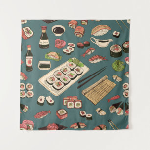 Tapete De Parede Sushi Rolls: Vintage sem costura colorida.