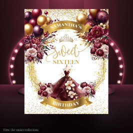 Tapete De Parede Sweet 16 Backdrop Burgundy Balões Dourados Brilhan