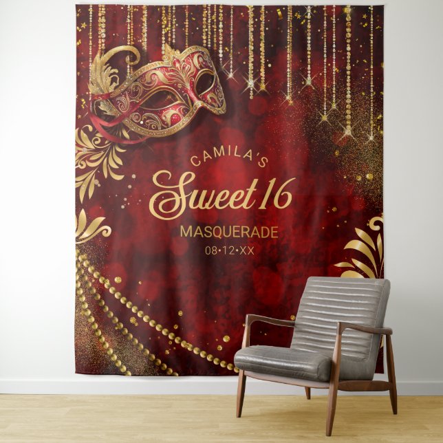 Tapete De Parede Sweet 16 Mascarada Red Dourado Photo Backdrop ID10 (In Situ)