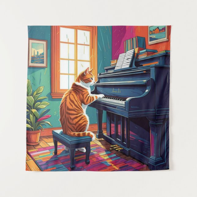 Tapete De Parede Tabby Cat Tocando o Piano (Frente)