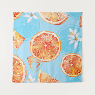 Tapete De Parede Tangerinas Aquarela: Tecido Azul Luxúrico