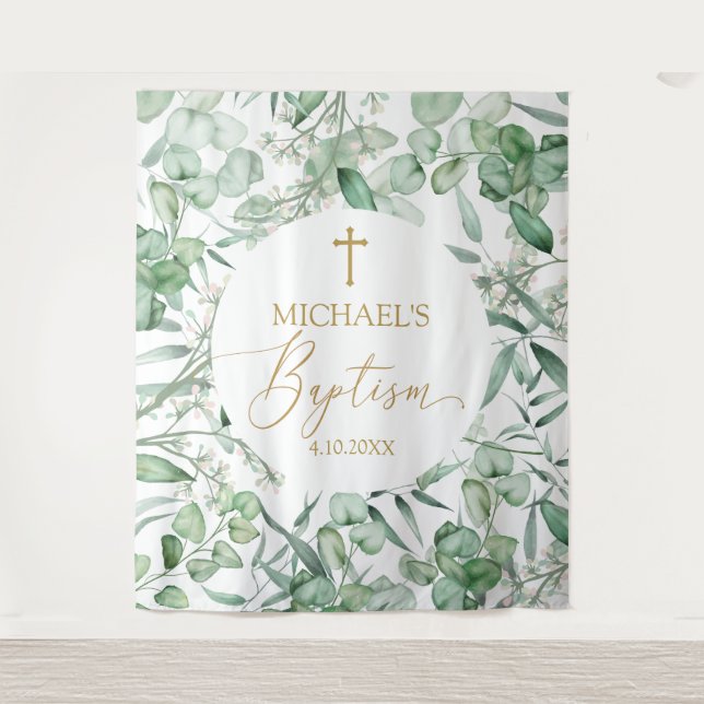 Tapete De Parede Tapiz Baptism Eucalyptus greenery backdrop banner (Frente)
