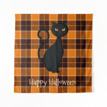 Tartan Xadrez Laranja Preto Halloween Gato Preto