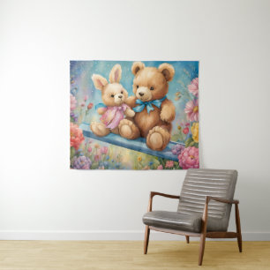 Tapete De Parede Teddy Bear e Bunny Sentados no jardim