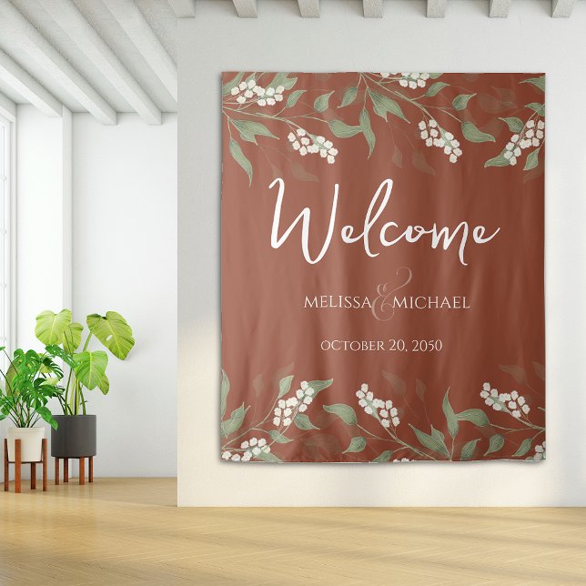 Tapete De Parede Terracotta Floral Calliografia Ampersand Greenery (Terracotta Calligraphy Welcome Wedding Backdrop. )