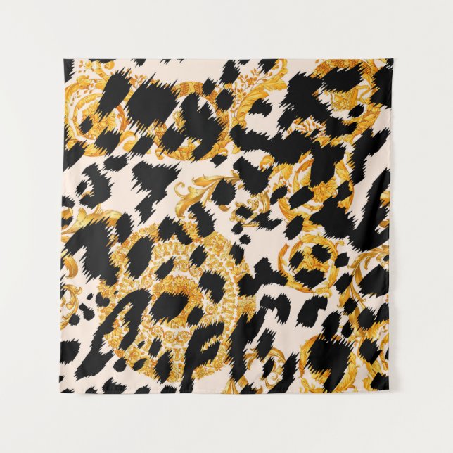 Tapete De Parede Textura leopardo: padrão barroco-ouro. (Frente)