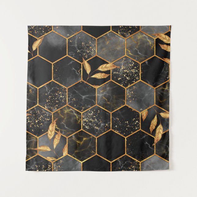 Tapete De Parede Textura uniforme de hexágono mármore com folhas de (Frente)