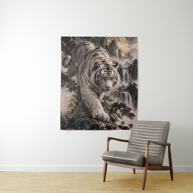 Tapete De Parede Tigre Branco com Lua Cheia e Montanhas Nevadas (In Situ)