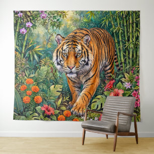 Tapete De Parede Tigre de Bengala Vibrante Selva de Bambu