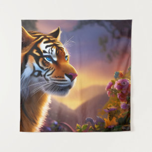 Tapete De Parede Tigre de olhos azuis e flores cor-de-rosa
