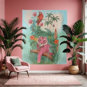 Tapete De Parede Tigre rosa e selva tropical de papagaio grande