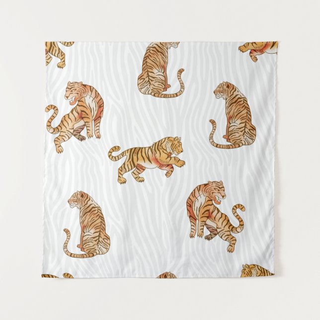 Tapete De Parede Tigres Selvagens: Padrão Animal De Aquarela. (Frente)