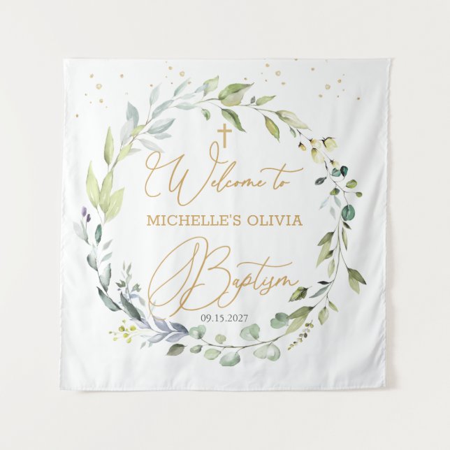 Tapete De Parede Toalha de Mesa de Batismo Infantil com Eucalipto H (Frente)