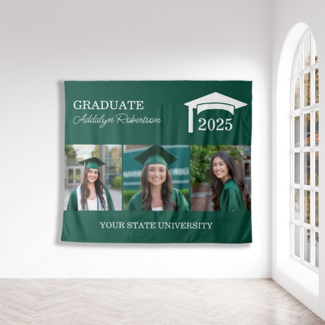 Tapete De Parede Toca Verde 3 Graduação Fotografia Classe 2025 (Green and white 3-photo graduation party wall tapestry.)