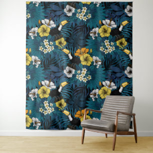 Tapete De Parede Toques e flora tropical, azul, amarelo, laranja
