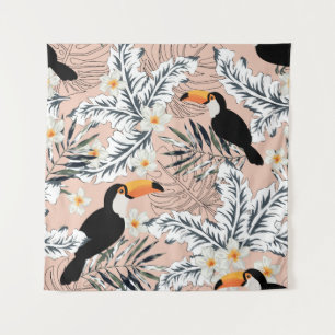 Tapete De Parede Toucanos, palmeiras gráficas, flores de plumeria,