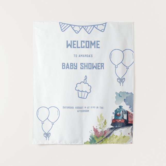 Tapete De Parede Trem Balões Azuis Menino Enfantil Chá de Bebê (Frente)