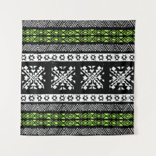 Tapete De Parede Tribal Navajo, padrão verde branco preto.