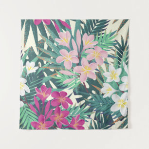 Tapete De Parede Tropical de Frangipani: Vintage branco-rosa.