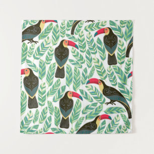 Tapete De Parede Tucanos, folhas tropicais, padrão decorativo.