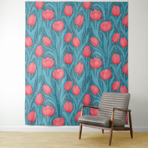 Tapete De Parede Tulipas em azul e vermelho