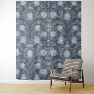 Tapete De Parede Tulipas Retro Nouveau em azul e estanho