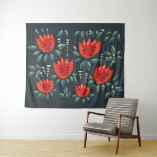 Tapete De Parede Tulipas Vermelhas Whimsical Arte Floral - Abstrato