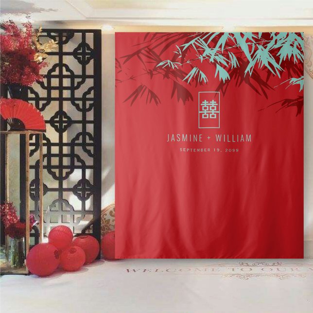 Tapete De Parede Turquesa Bamboo deixa pano de fundo do casamento c (Red & Turquoise Bamboo Leaves, Double Happiness Chinese Wedding Backdrop Tapestry @ fatfatin_mini_me)