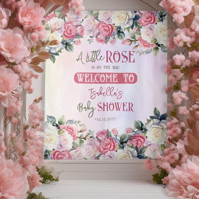 Tapete De Parede Um pequeno pano de fundo Rosa Floral Chá de fralda (Pink Rose Floral Bouquets Girl Baby Shower "Welcome" Backdrop -- A Little Rose Collection)
