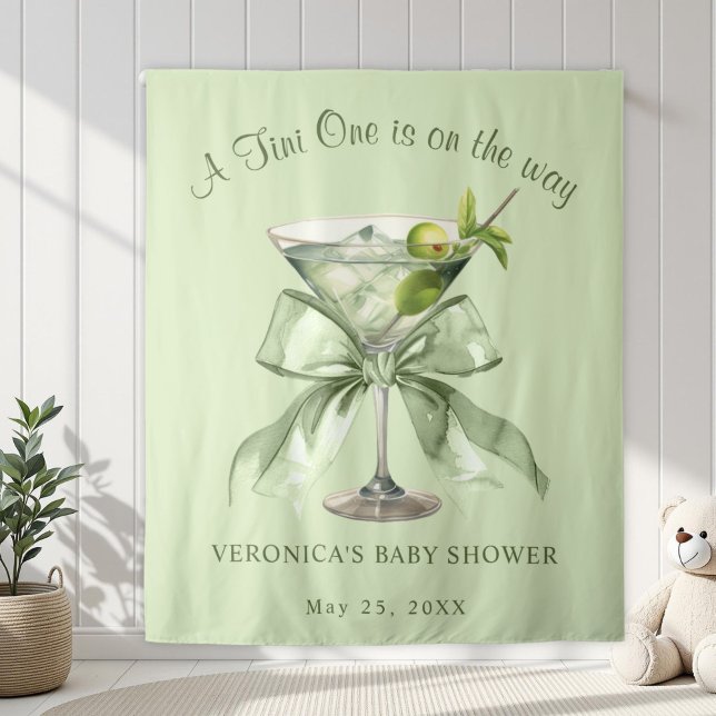 Tapete De Parede Um Tini está a Caminho Bow Martini Chá de Bebê (A tini One is on the way Sage Green Coquette Martinit baby Shower Backdrop)