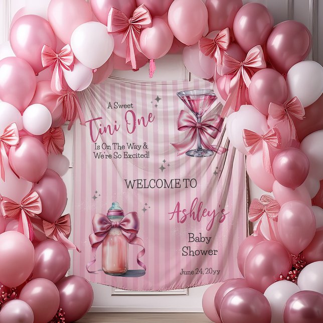 Tapete De Parede Uma fina camada de fundo do Chá de fraldas coquete ("A Sweet Tini One Is On the Way . . ." Coquette Bows Martini | Bottle Girl Baby Shower Backdrop)