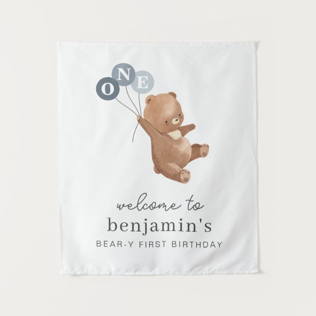 Tapete De Parede Urso com Placa de Boas-Vindas com 3 Balões Azuis (Frente)
