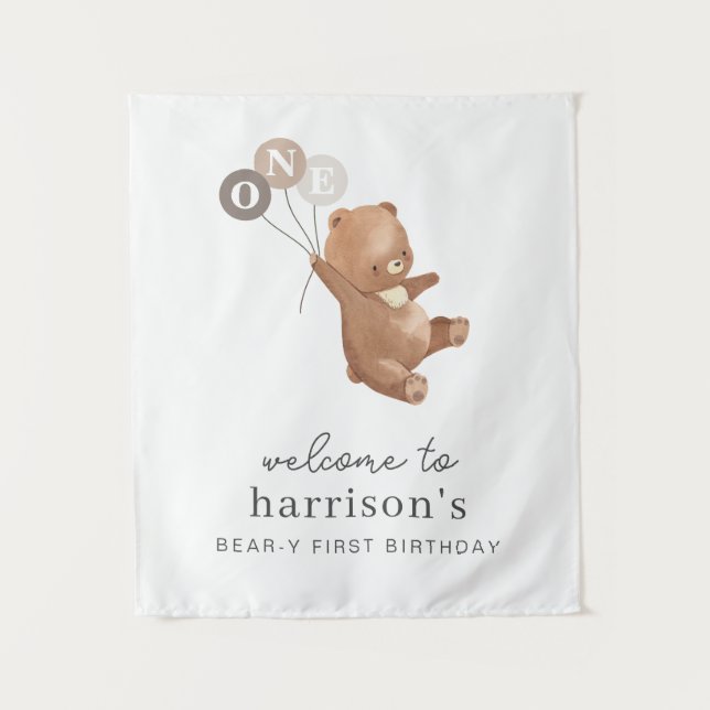 Tapete De Parede Urso com Placa de Boas-Vindas com 3 Balões Marrons (Frente)