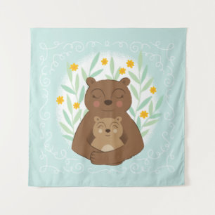 Tapete De Parede Urso Mãe e Bebê Urso em Azul Aqua