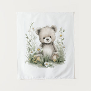 Tapete De Parede Urso Teddy em Aquarela com Flores Silvestres Fofin