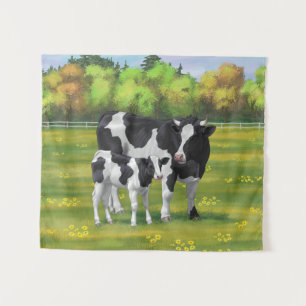 Tapete De Parede Vaca Holstein e Vitelo Fresco na Pastagem de Verão