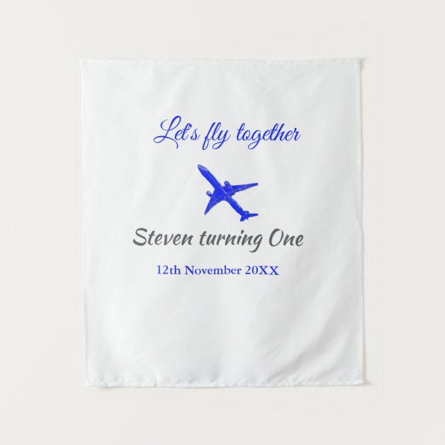 Tapete De Parede Vamos voar juntos primeiro aniversário avião azul  (Frente)